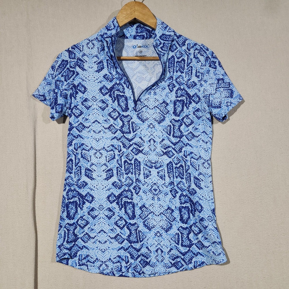IBKUL Womens Blue Snakeskin Print Quarter Zip Short Sleeve Sun Shirt XS Active